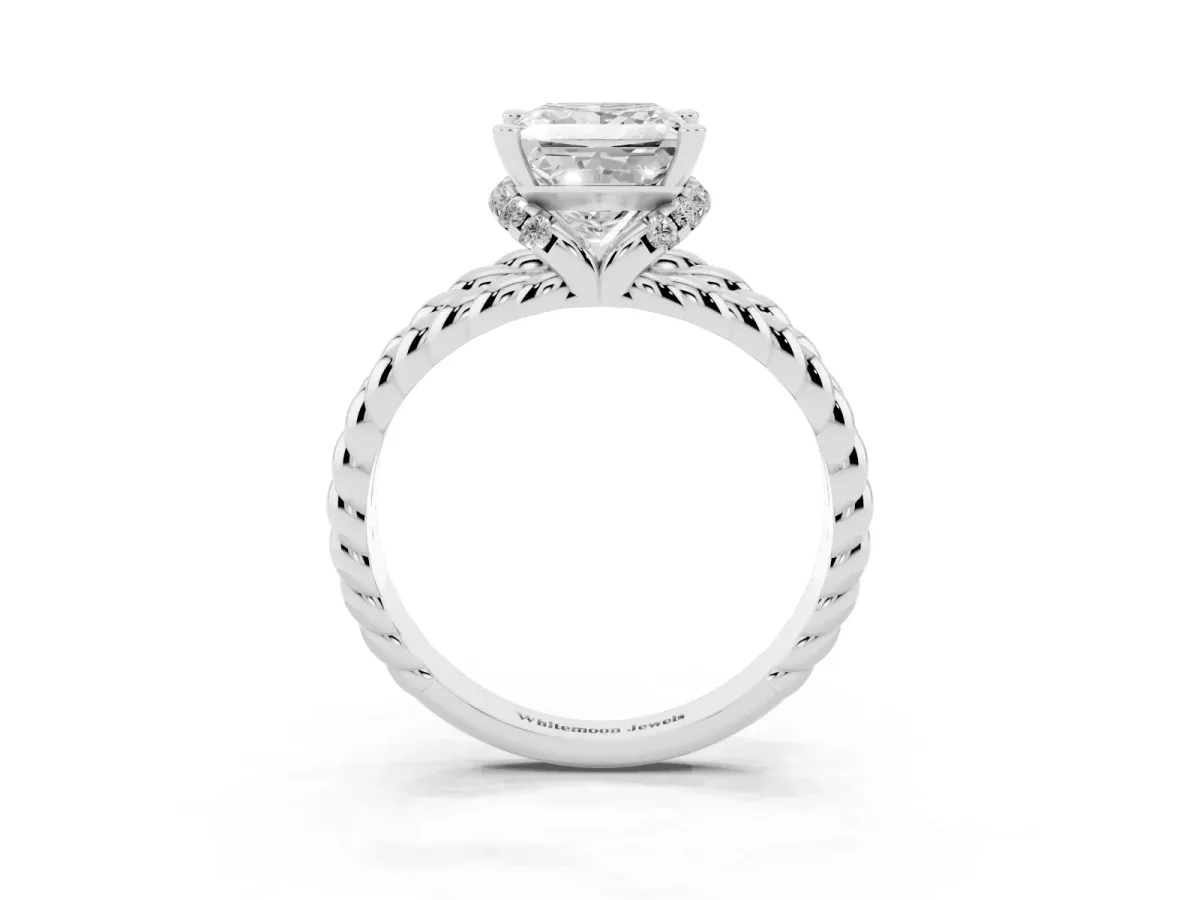 Princess Cut Halo Twisted Band Four-Prong Ring Silver