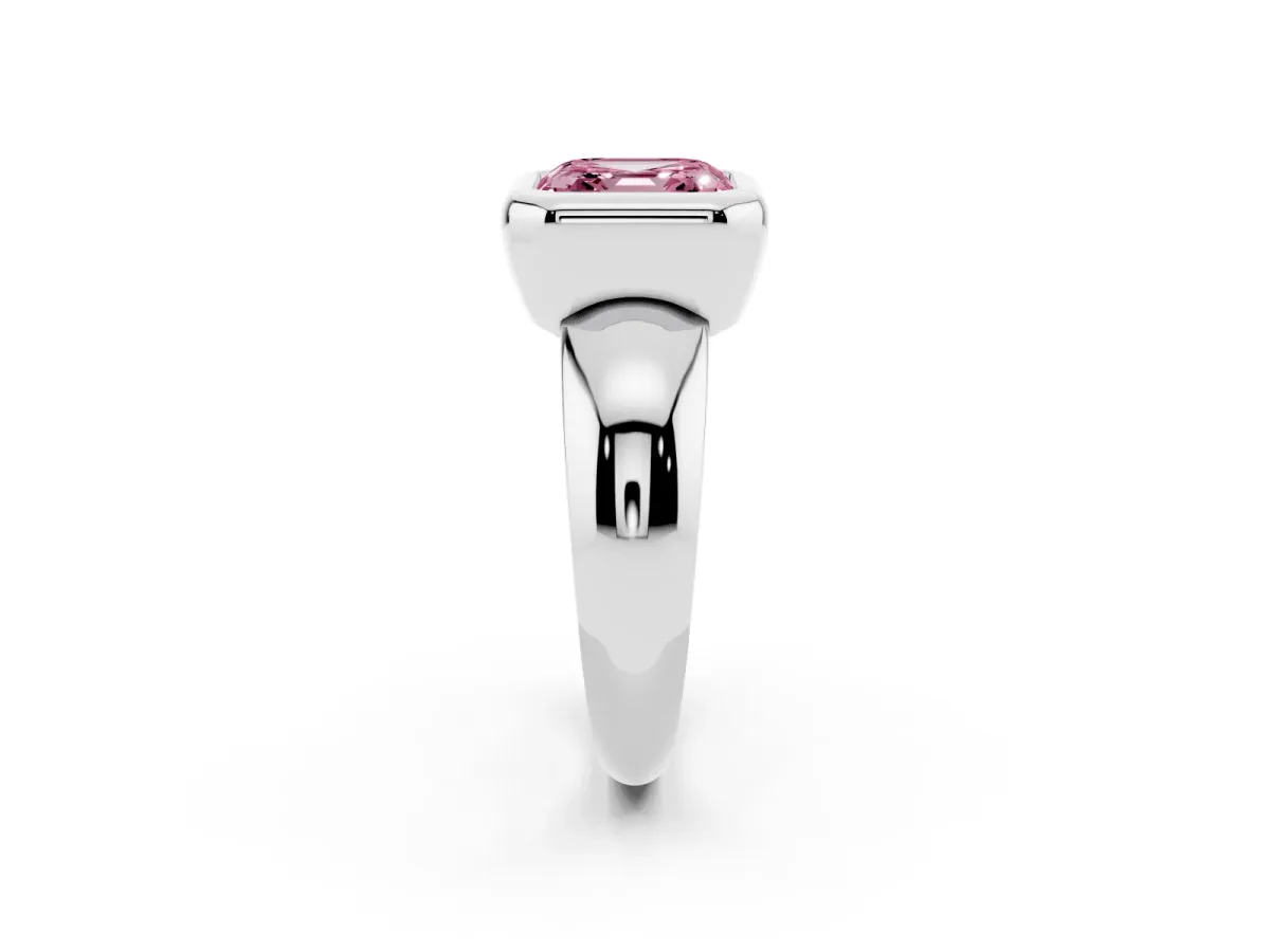 Fancy Pink Bezel Set Asscher Cut Solitaire Ring with Wide Band Silver