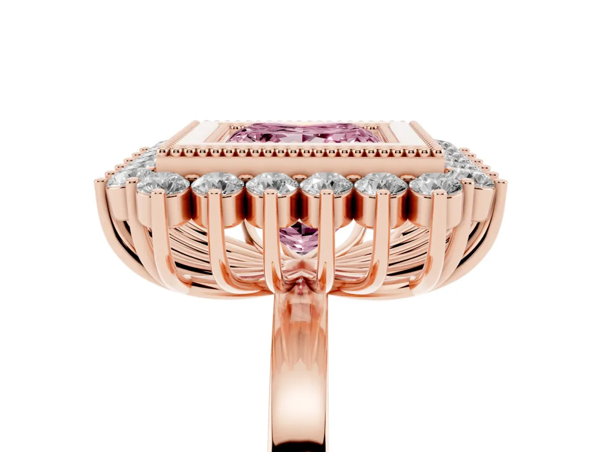 Fancy Pink Princess Cut Halo Diamond Ring with Milgrain Edge and Round Prong Setting Rose gold