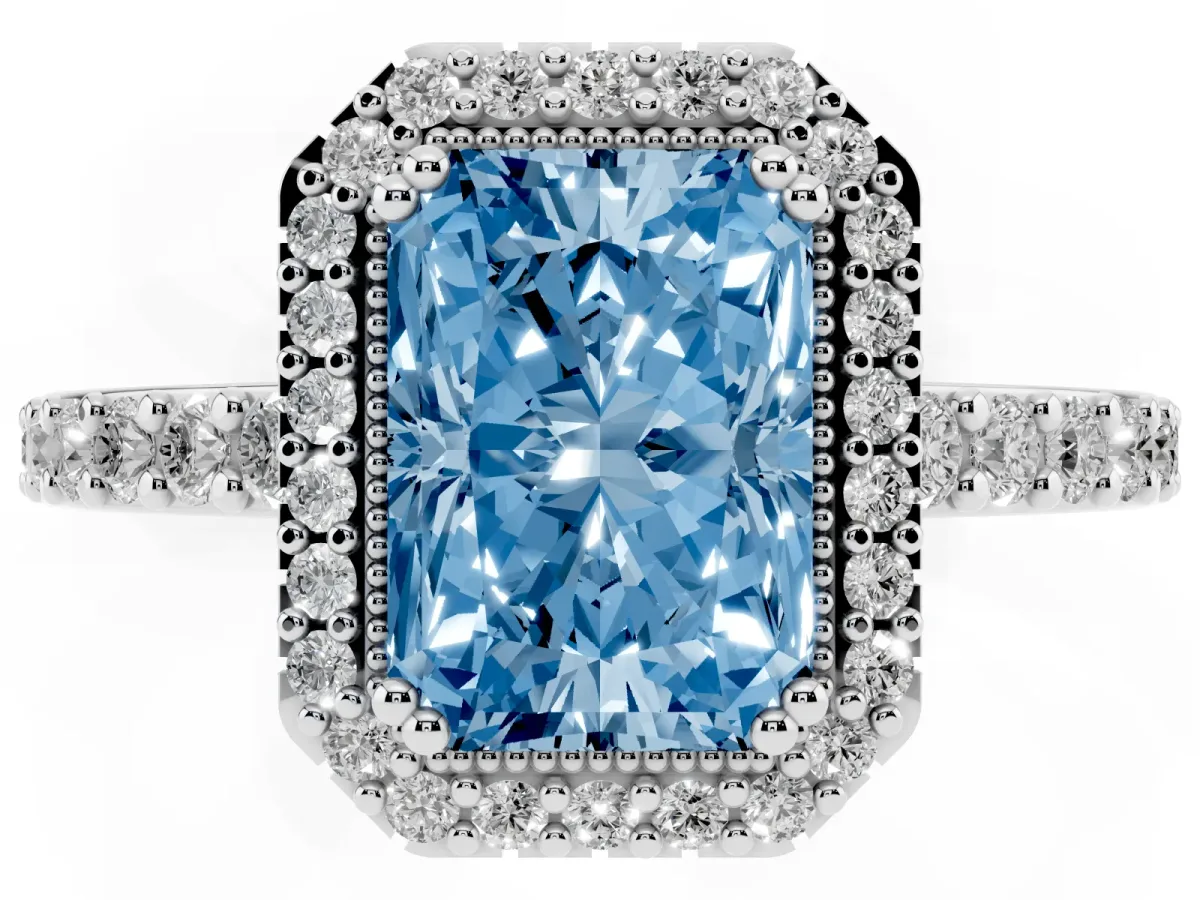 Fancy Blue Radiant Cut Cut Diamond Halo Engagement Ring with Milgrain Detail and Pavé Band Platinum