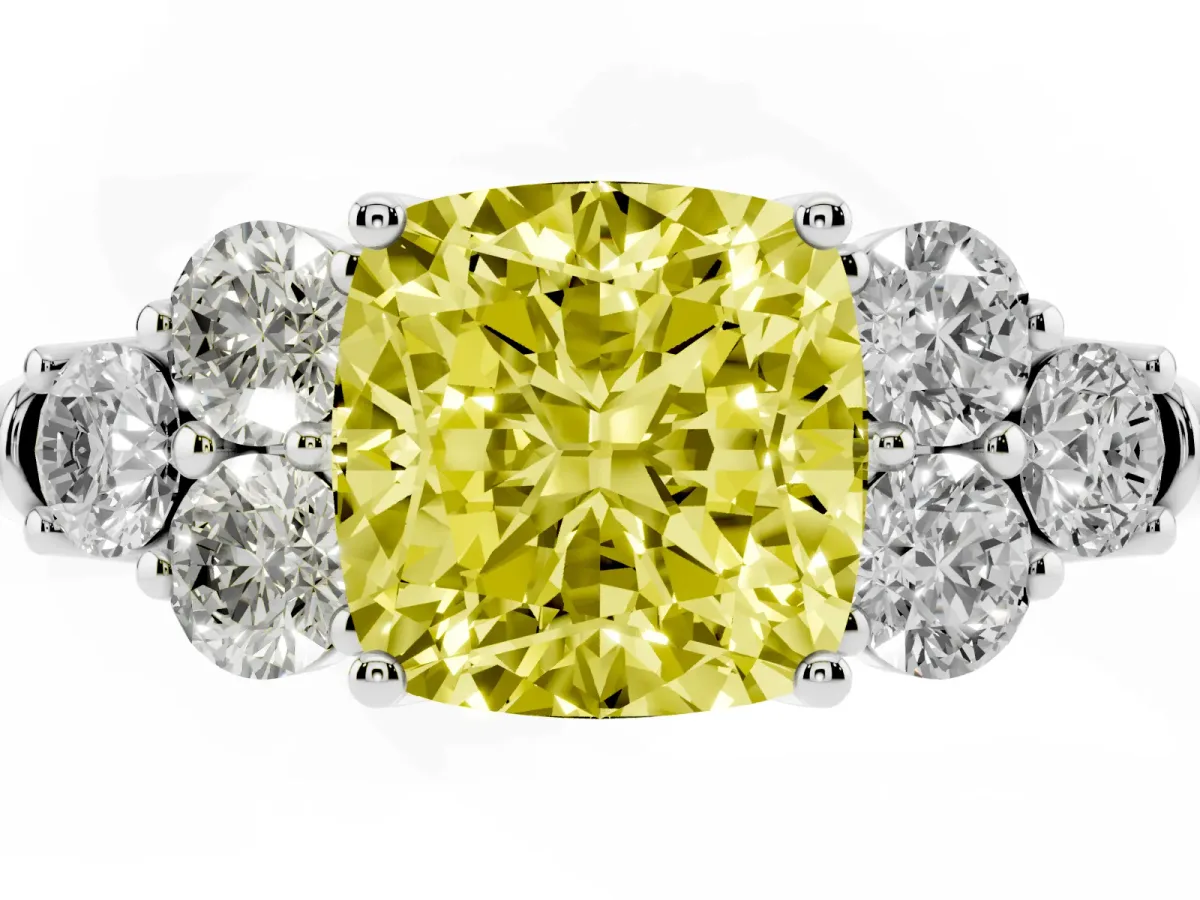Fancy Yellow Cushion Cut Cut Diamond Cluster Ring with Round Accent Stones and Prong Setting on a Classic Band White gold