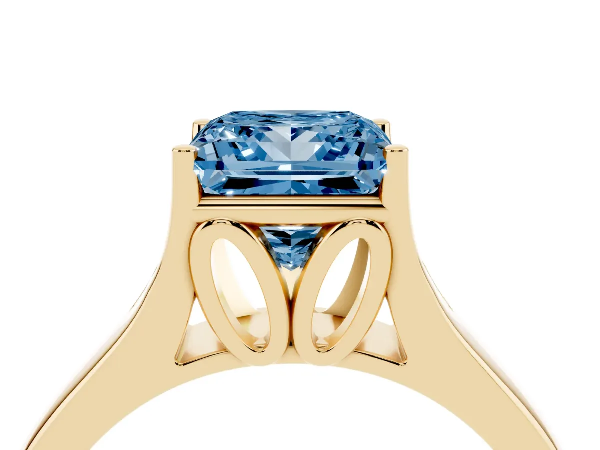 Fancy Blue Princess Cut Solitaire Diamond Ring with Cathedral Band and Four-Prong Setting Yellow gold