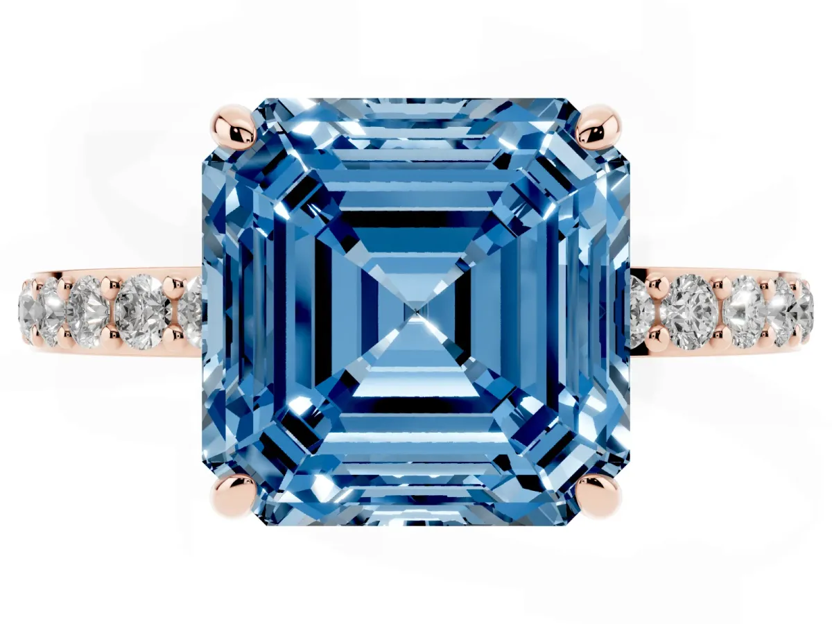 Fancy Blue Asscher Cut Diamond Solitaire Engagement Ring with Pavé Band and Four-Prong Setting Rose gold