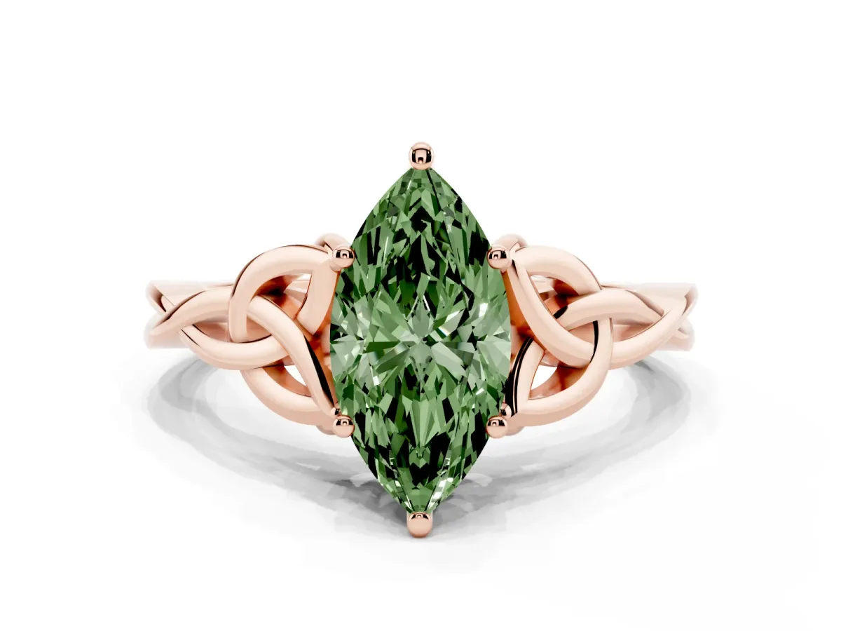 Fancy Green Marquise Cut Diamond Solitaire Engagement Ring with Celtic Knot Band and Four-Prong Setting Rose gold