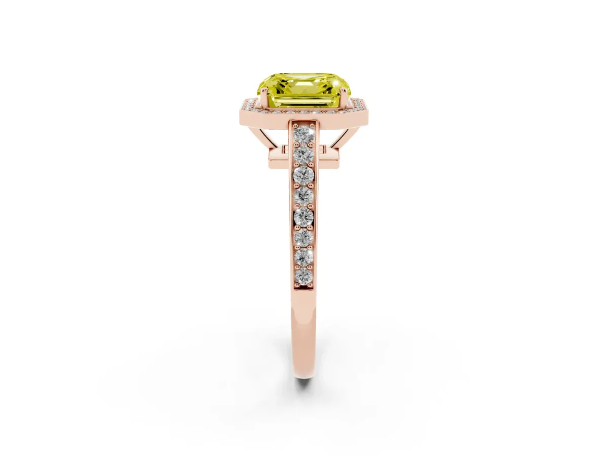 Fancy Yellow Asscher Cut Halo Pavé Diamond Engagement Ring with Bezel Setting Rose gold
