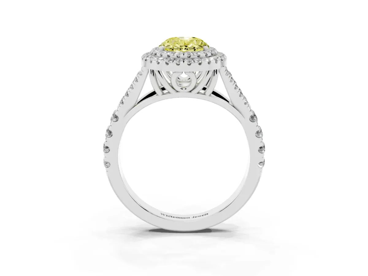 Fancy Yellow Double Halo Oval Cut Diamond Split Shank Engagement Ring with Four-Prong Setting Silver