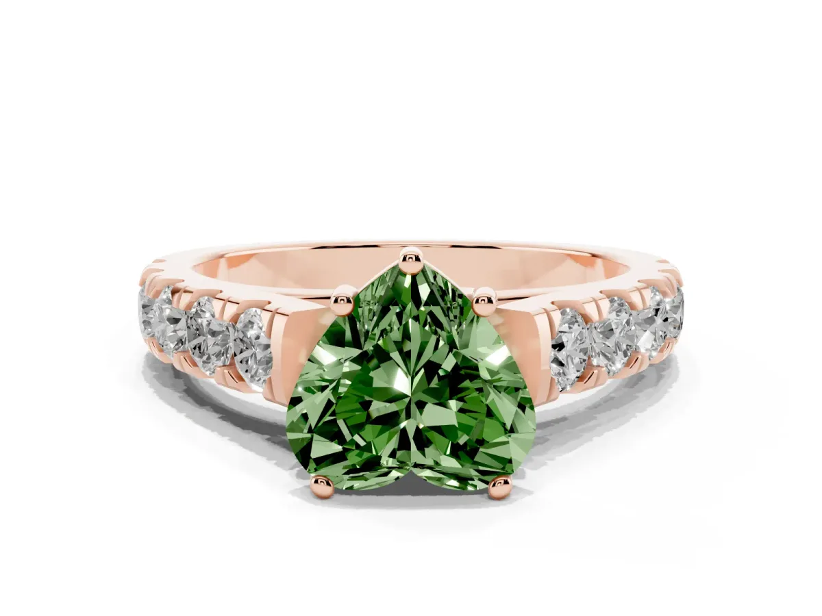 Fancy Green Heart Cut Cut Diamond Solitaire Ring with Micro Pave Band and Prong Setting Rose gold