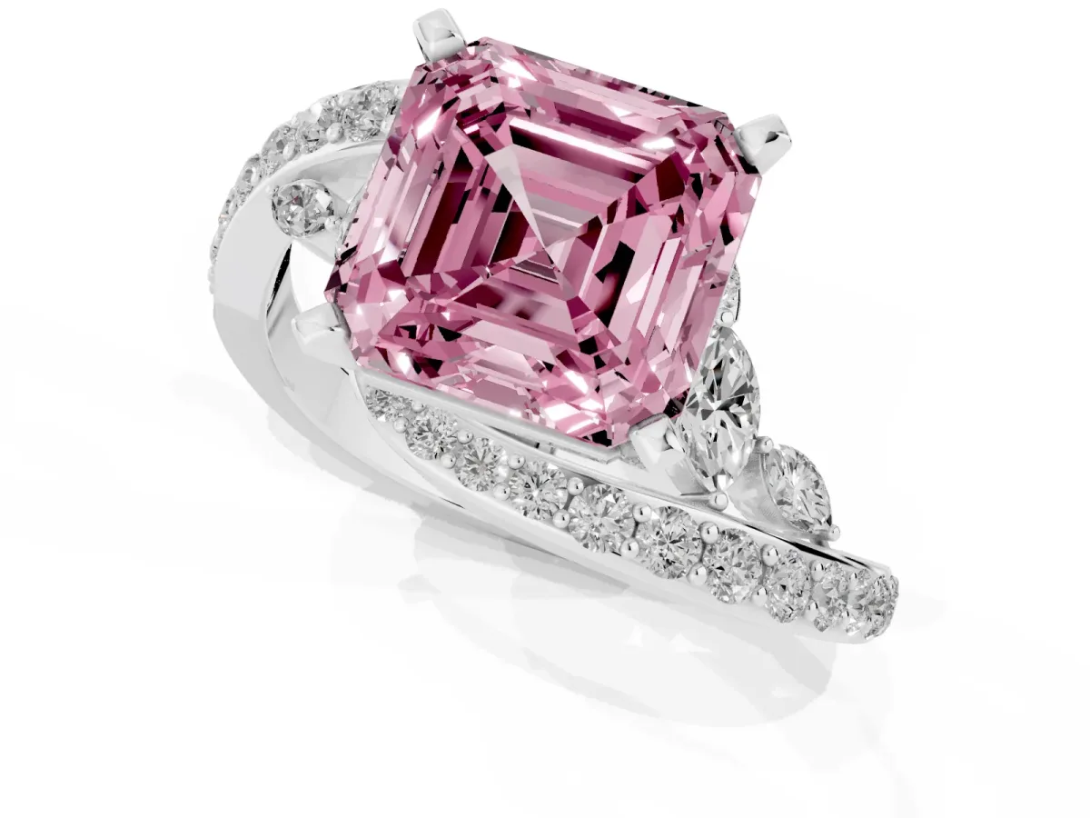 Fancy Pink Asscher Cut Solitaire with Pavé Twist Band and Four-Prong Setting Platinum
