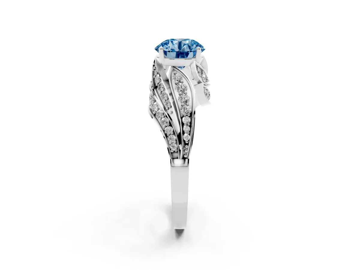 Fancy Blue Round Cut Diamond Solitaire Ring with Prong Setting and Twisted Pavé Band Silver