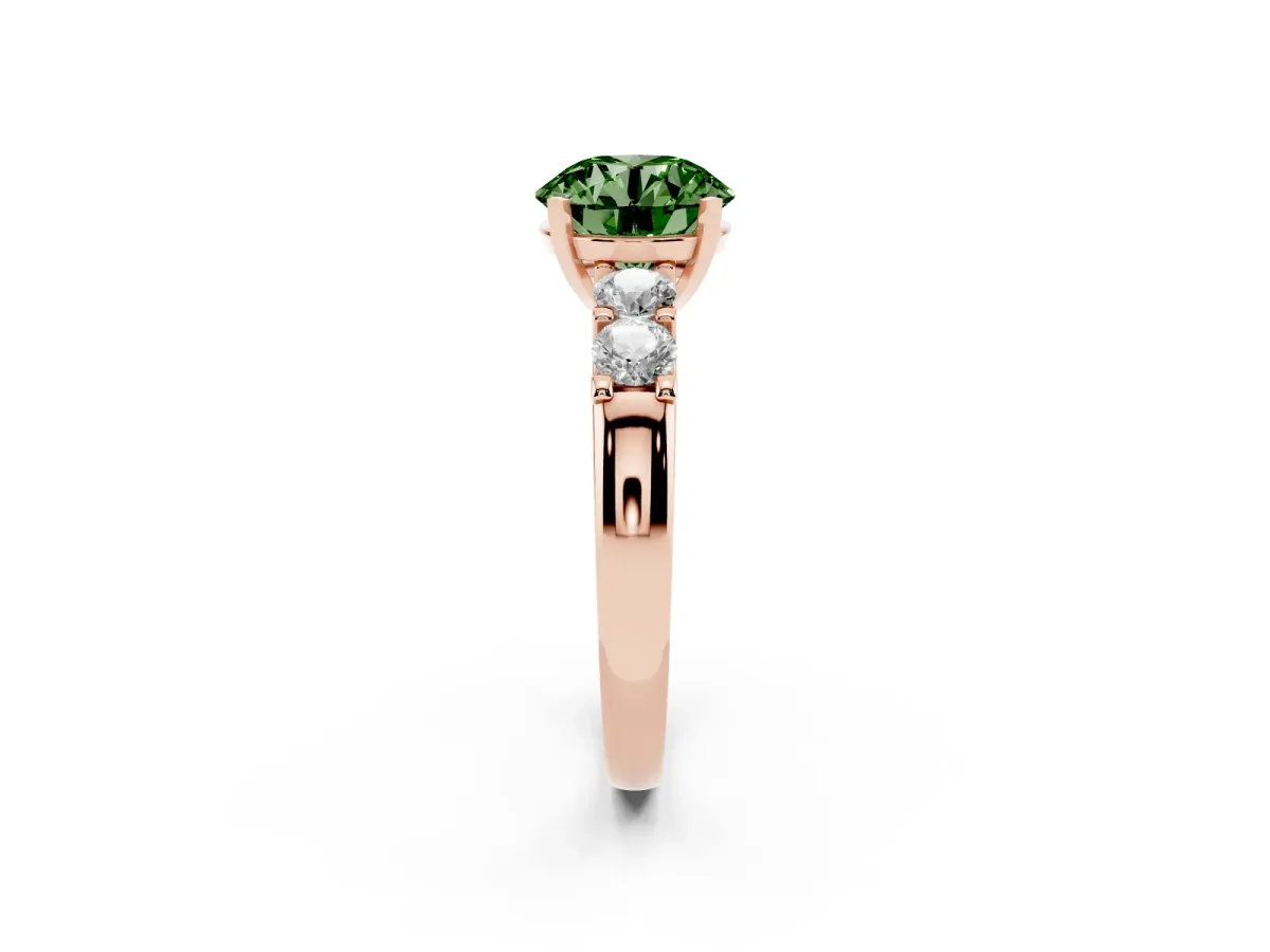 Fancy Green Round Cut Brilliant Cut Diamond Five-Stone Prong Set Engagement Ring with Channel Band Rose gold