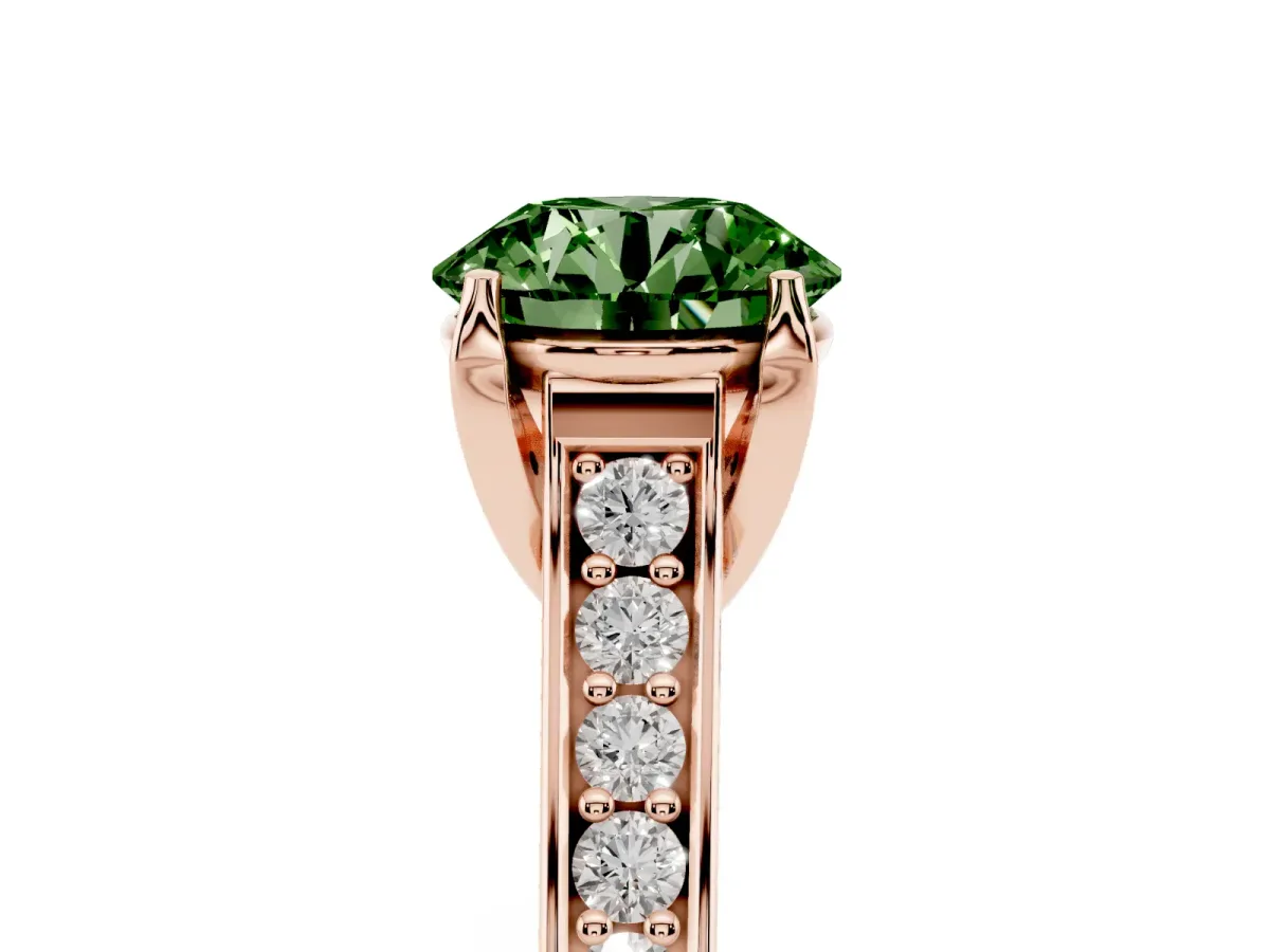 Fancy Green Round Cut Brilliant Cut Diamond Engagement Ring with Pavé Band and Four-Prong Setting Rose gold