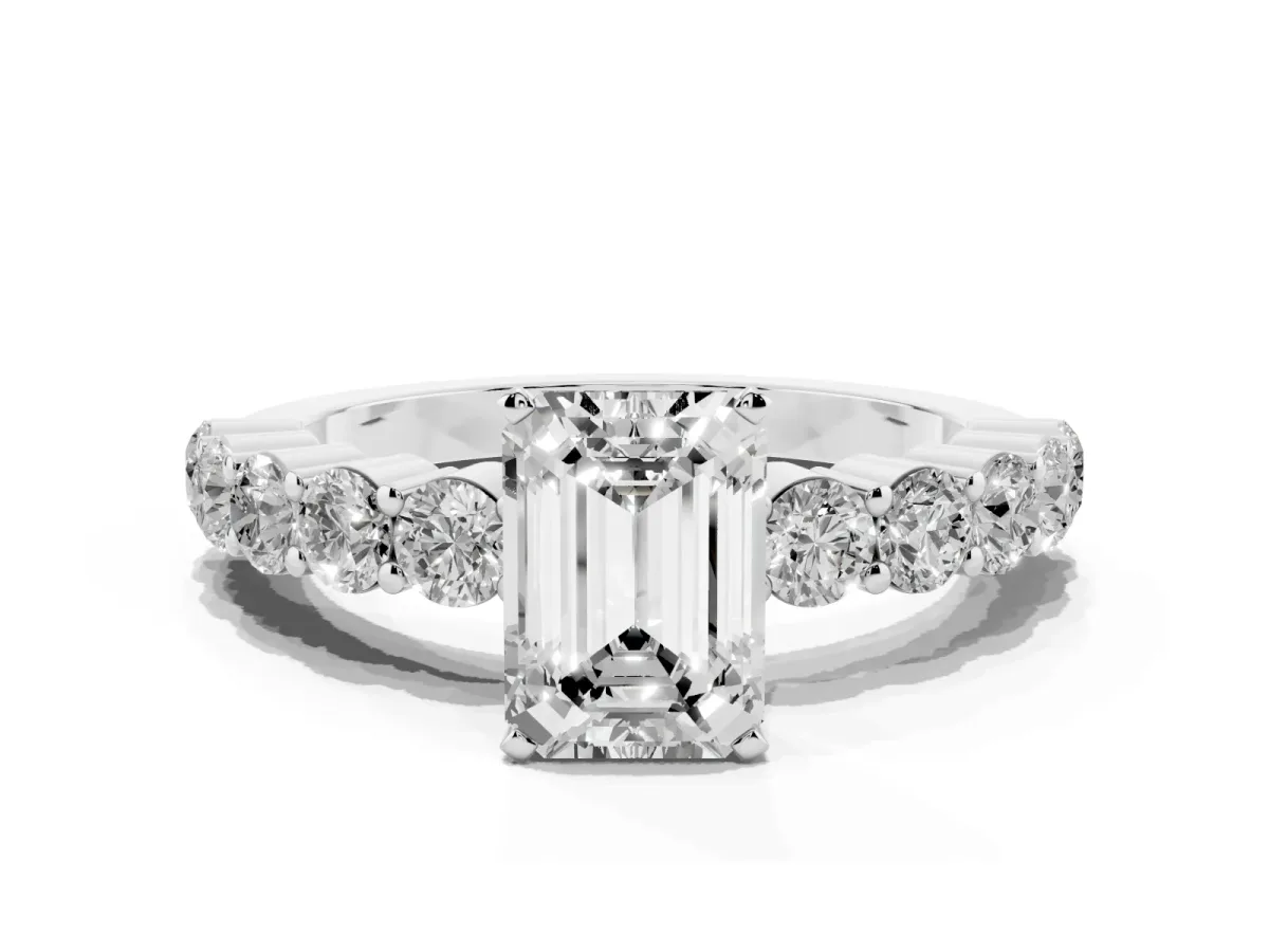 Emerald Cut Diamond Solitaire Ring with Shared Prong Round Side Stones Platinum