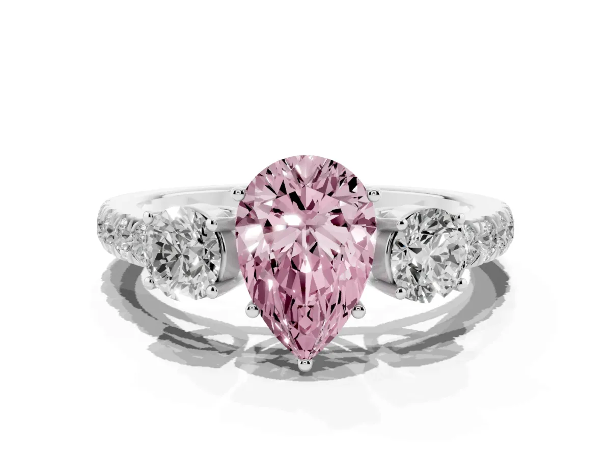 Fancy Pink Pear Cut Cut Diamond Three-Stone Ring with Round Side Stones and Pavé Band Platinum