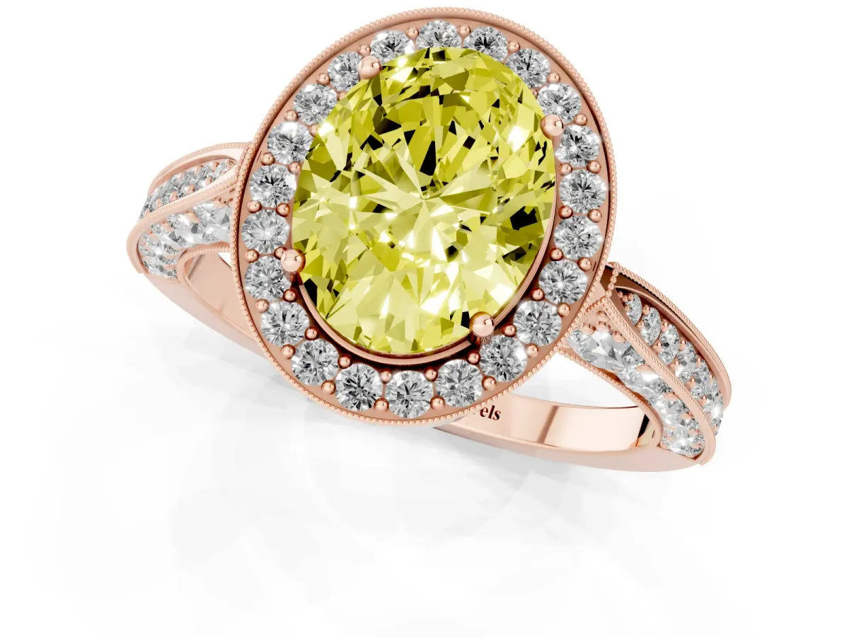 Fancy Yellow Oval Cut Halo Diamond Engagement Ring with Split Shank Band and Four-Prong Setting Rose gold