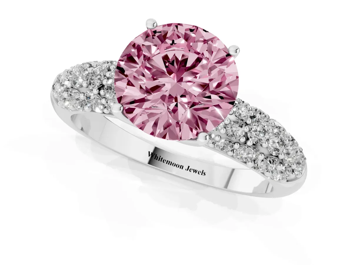 Fancy Pink Round Cut Diamond Pavé Band Solitaire Ring with Four-Prong Setting Silver