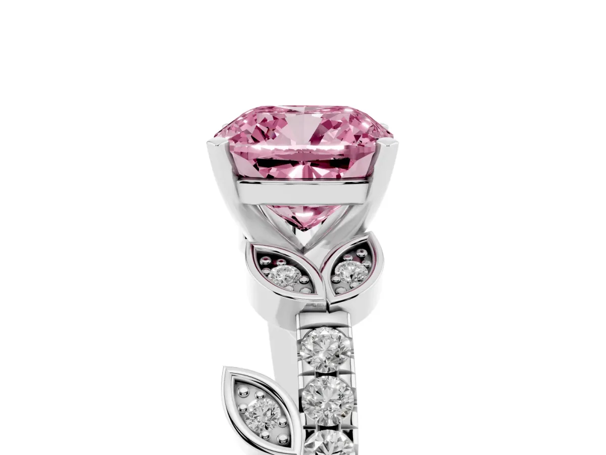 Fancy Pink Cushion Cut Solitaire Leaf-Inspired Diamond Ring with Pavé Band and Four-Prong Setting Silver
