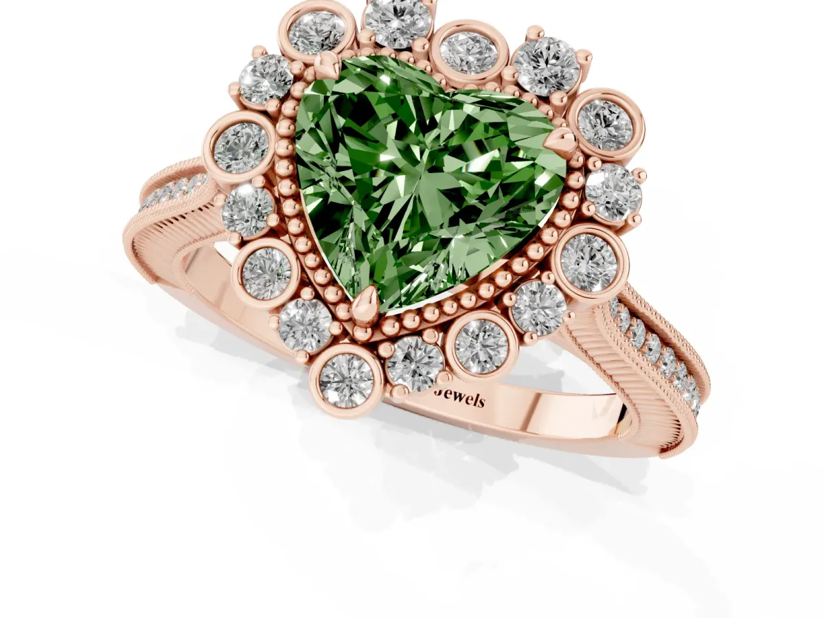 Fancy Green Heart Cut Halo Milgrain Pave Diamond Ring with Four-Prong Setting Rose gold