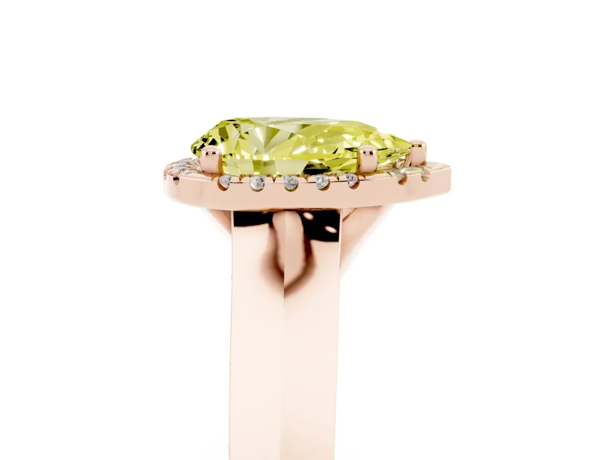 Fancy Yellow Pear Cut Halo Diamond Ring with Cathedral Band and Four-Prong Setting Rose gold