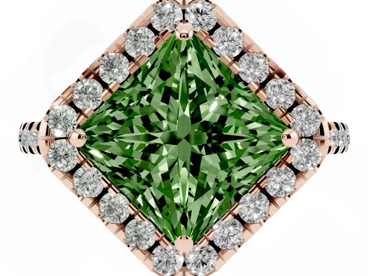 Fancy Green Princess Cut Diamond Cushion Halo Ring with Pavé Band Rose gold