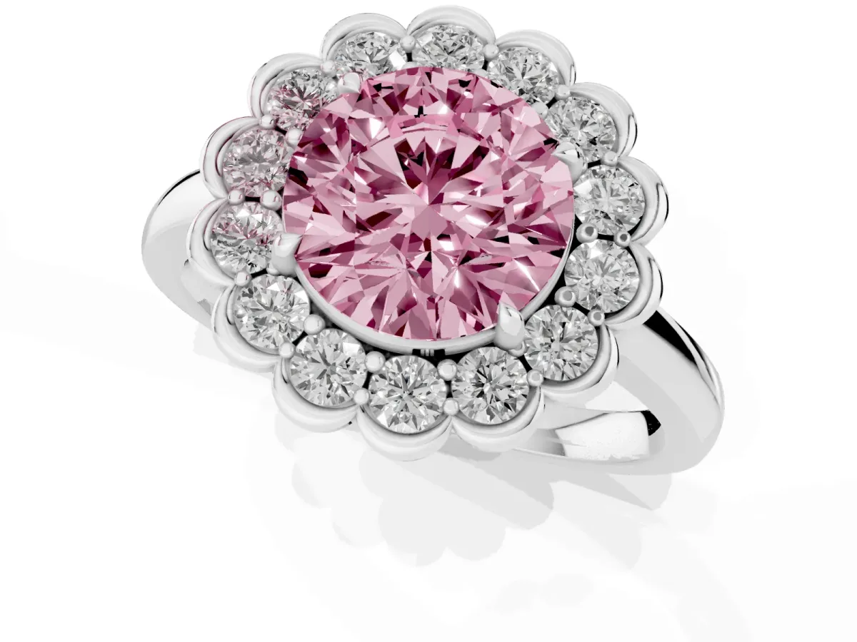 Fancy Pink Round Cut Halo Cluster Diamond Engagement Ring with Solitaire Band and Prong Setting Platinum