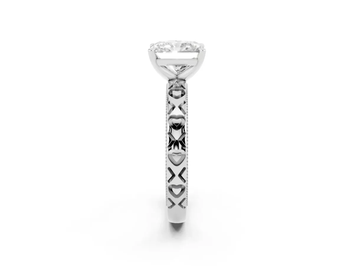 Radiant Cut Solitaire Diamond Engagement Ring with XO Engraved Band and Four-Prong Setting Silver