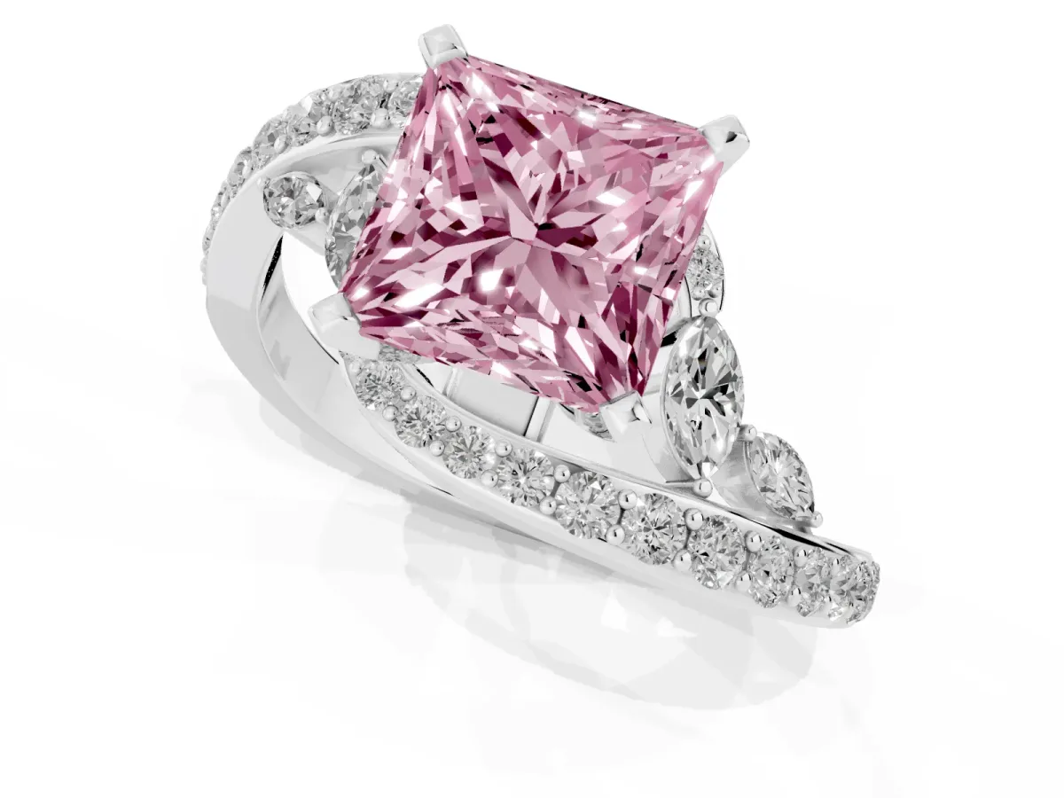 Fancy Pink Princess Cut Solitaire with Pavé Twist Band and Four-Prong Setting Silver