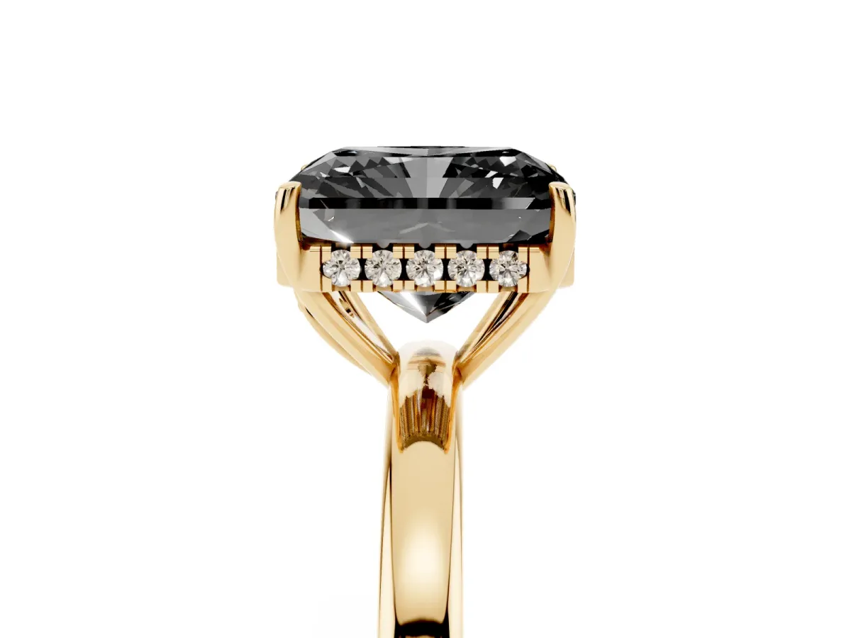 Fancy Black Radiant Cut Solitaire Diamond Ring with Prong Setting and Plain Band Yellow gold