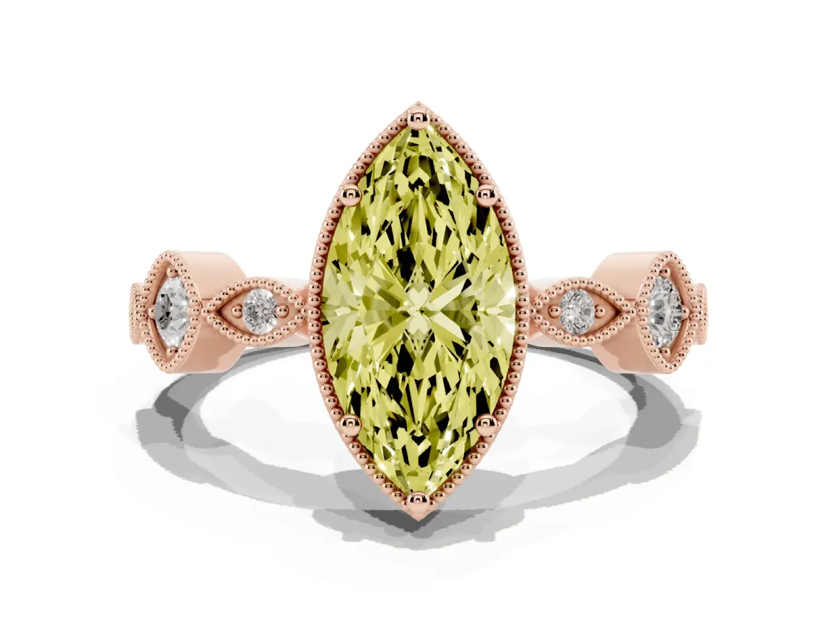 Fancy Yellow Marquise Cut Diamond Vintage Milgrain Ring with Round Stations Rose gold