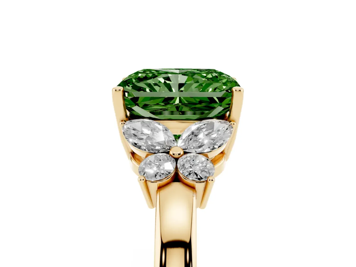 Fancy Green Radiant Cut Cut Solitaire Floral Diamond Ring with Four-Prong Setting Yellow gold