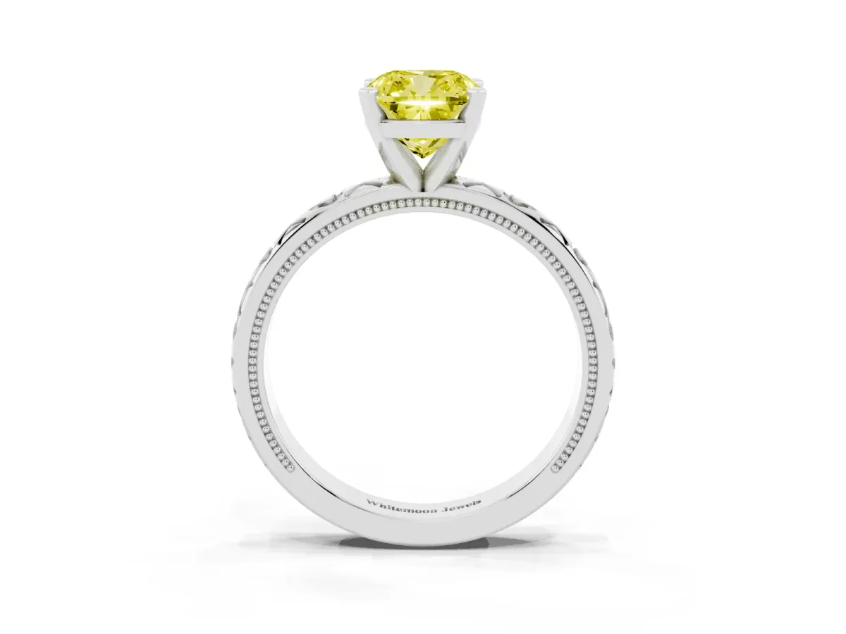 Fancy Yellow Cushion Cut Solitaire Diamond Engagement Ring with XO Engraved Band and Four-Prong Setting Platinum