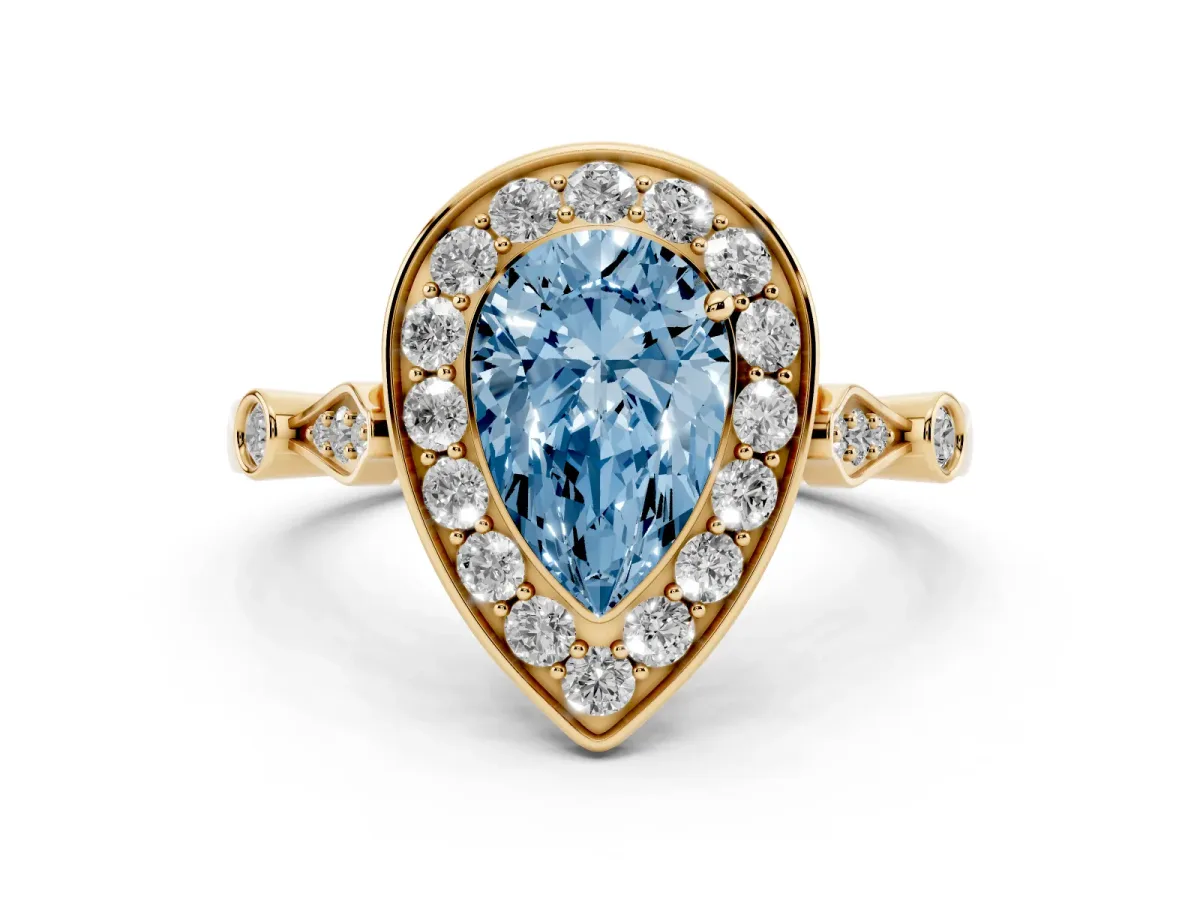 Fancy Blue Pear Cut Halo Diamond Engagement Ring with Twisted Band and Four-Prong Setting Yellow gold
