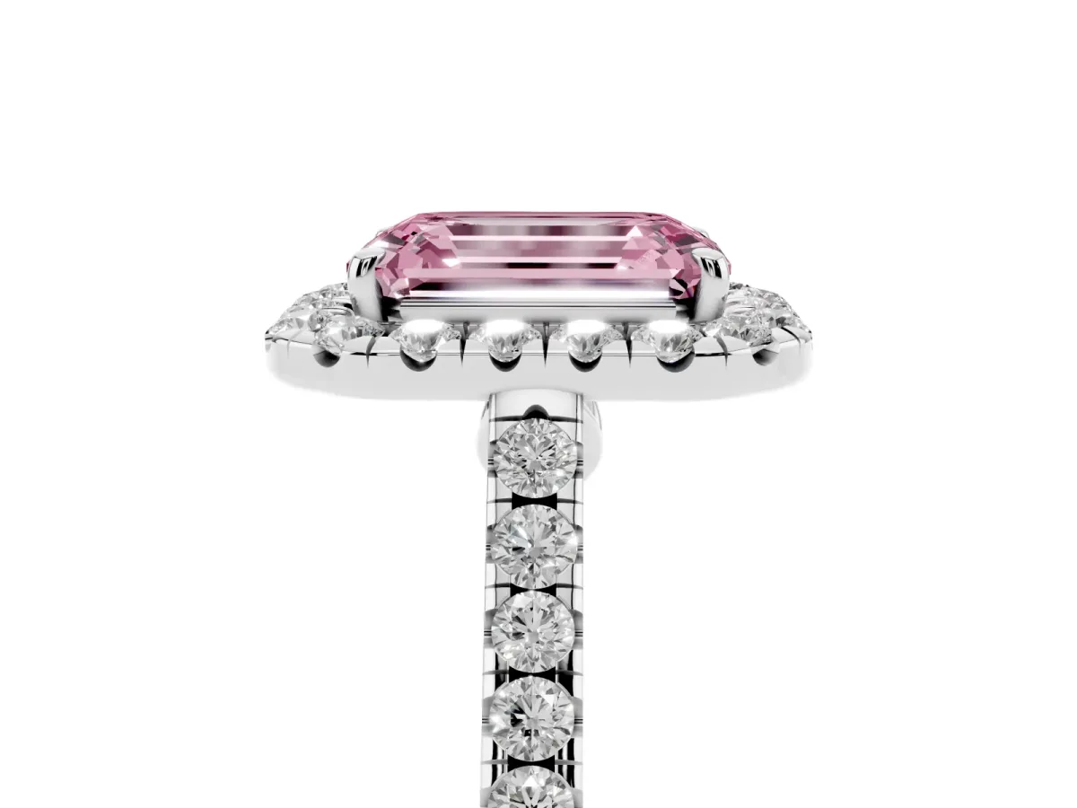 Fancy Pink Emerald Cut Halo Pave Diamond Engagement Ring with Four-Prong Setting Silver