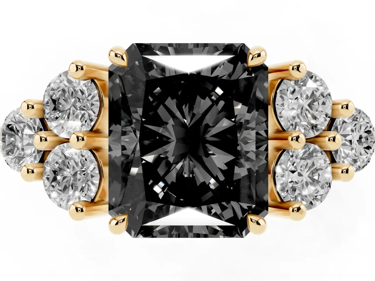 Fancy Black Radiant Cut Brilliant Diamond Cluster Accent Solitaire Ring with Prong Setting Yellow gold