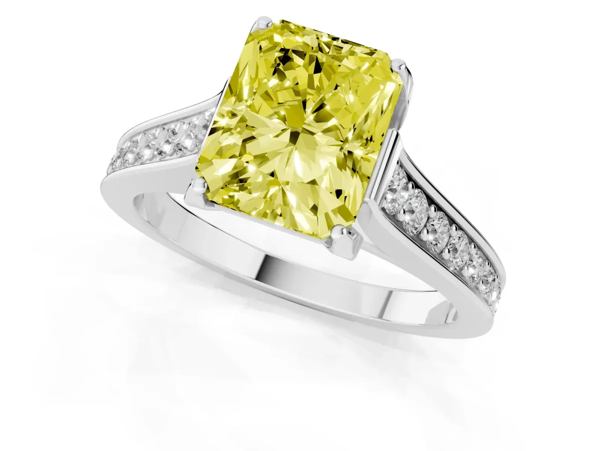 Fancy Yellow Radiant Cut Brilliant Cut Diamond Engagement Ring with Pavé Band and Four-Prong Setting White gold