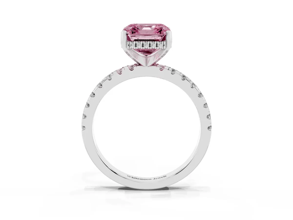 Fancy Pink Asscher Cut Diamond Solitaire Ring with Round Pavé Band and Four-Prong Setting Silver
