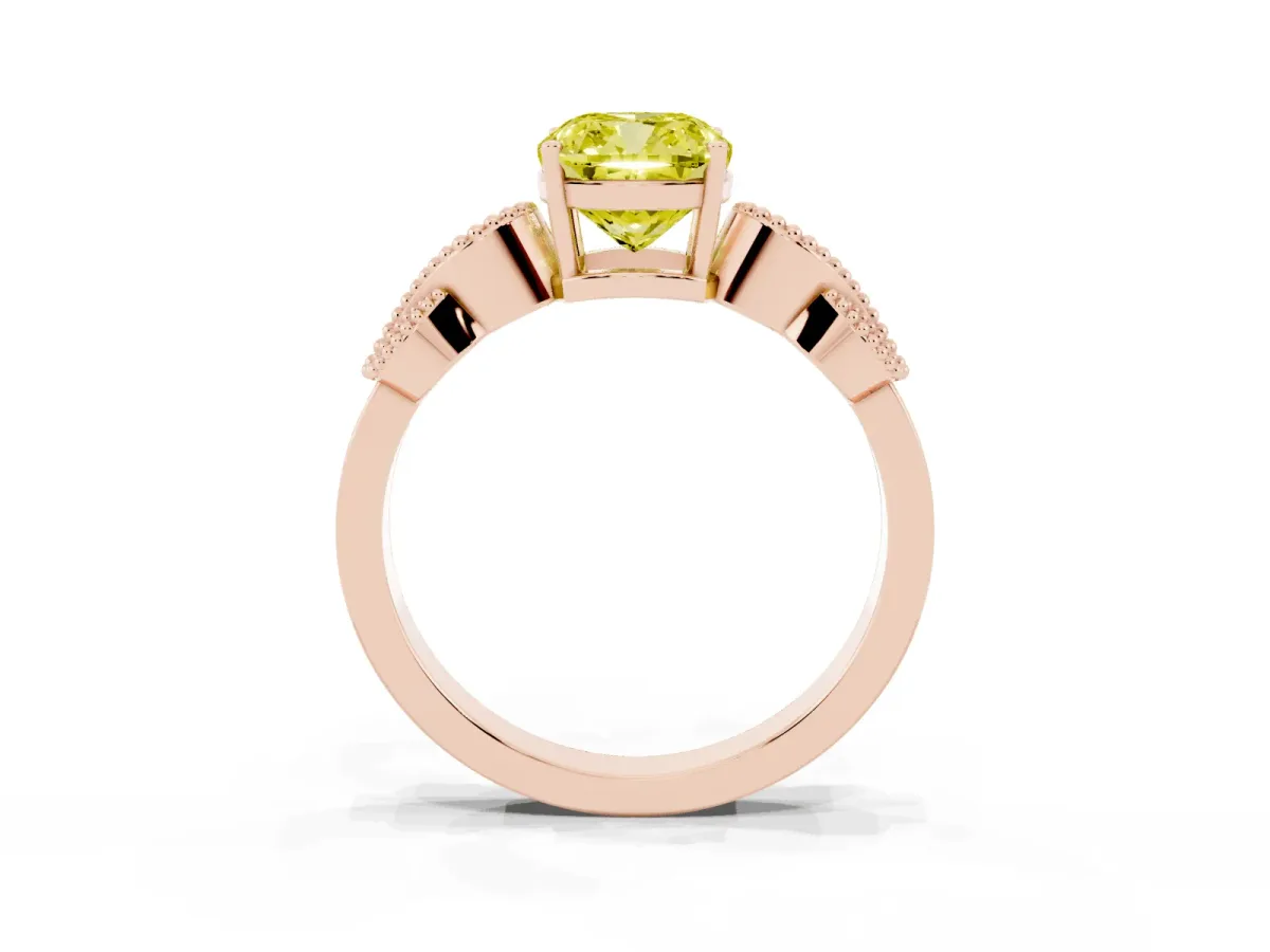 Fancy Yellow Cushion Cut Solitaire Milgrain Leaf Band with Prong Setting Rose gold