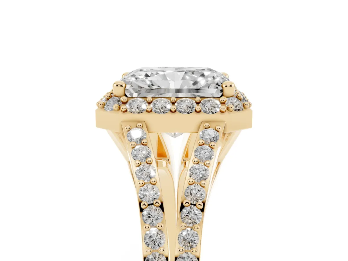 Radiant Cut Halo Split Shank Diamond Ring with Prong Setting Yellow gold