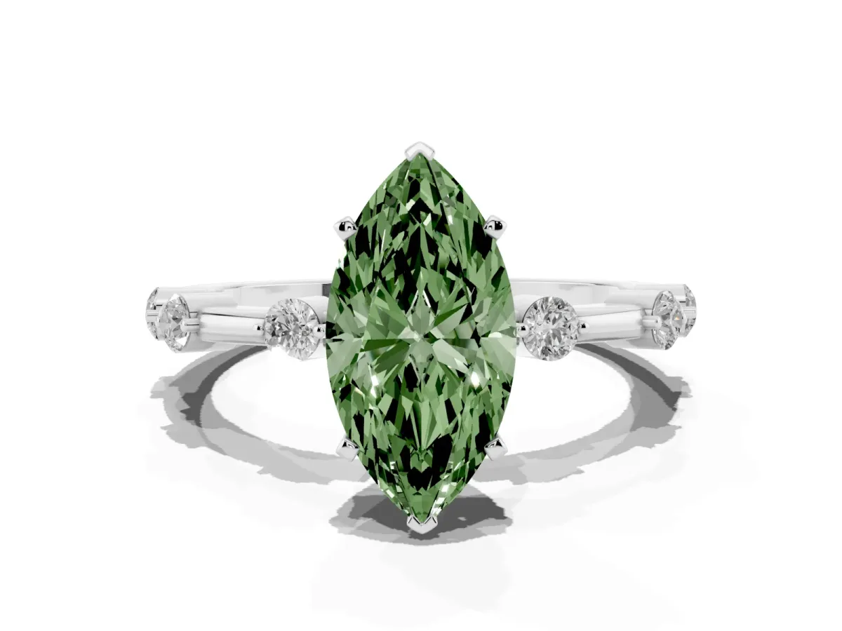 Fancy Green Marquise Cut Solitaire Diamond Ring with Bezel Set Side Stones and Prong Setting Silver