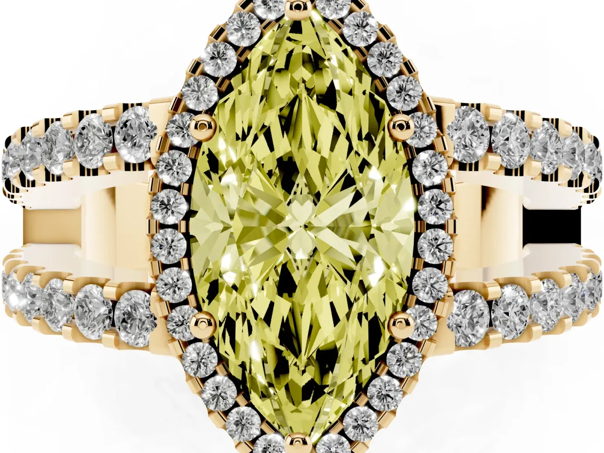 Fancy Yellow Marquise Cut Cut Halo Split Shank Diamond Ring with Four-Prong Setting Yellow gold