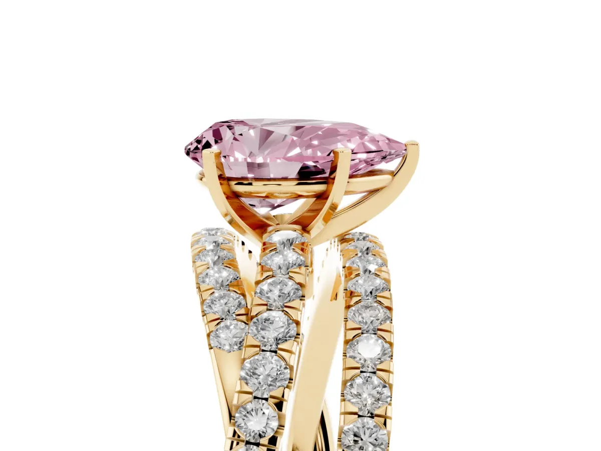 Fancy Pink Pear Cut Solitaire Twist Band with Pavé Setting and Four-Prong Setting Yellow gold