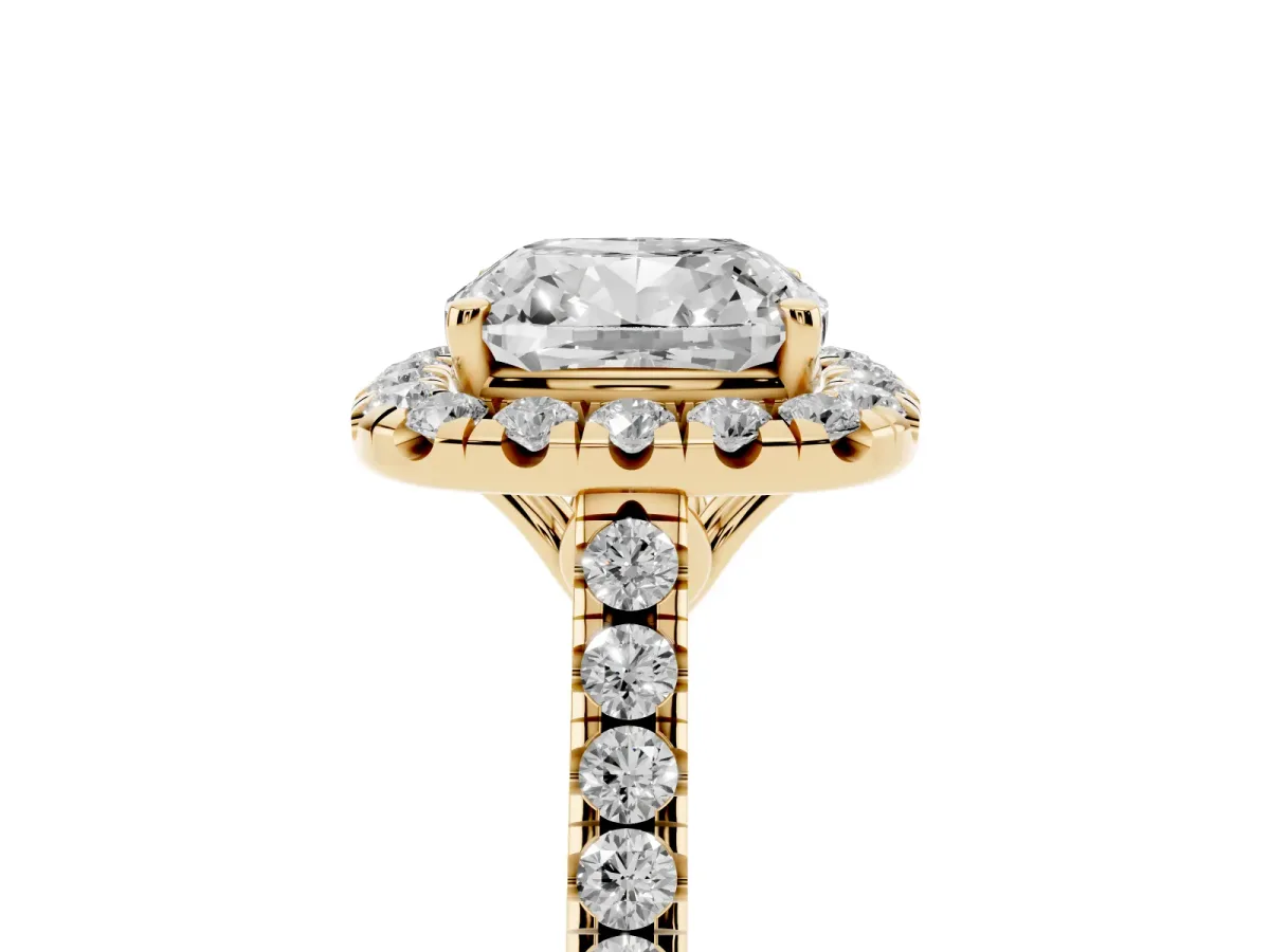 Cushion Cut Halo Pavé Diamond Engagement Ring with Four-Prong Setting Yellow gold