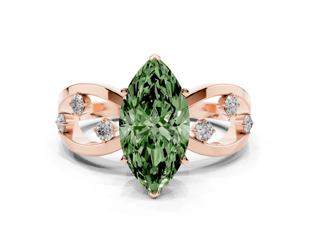 Fancy Green Marquise Cut Cut Solitaire Diamond with Side Stones on Criss-Cross Band and Four-Prong Setting Rose gold