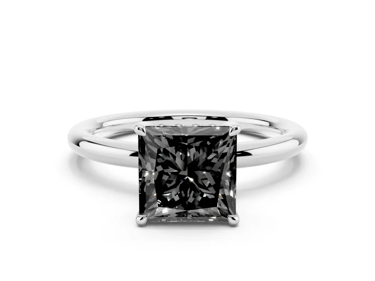 Fancy Black Princess Cut Diamond Solitaire Ring with Thin Band and Four-Prong Setting Platinum