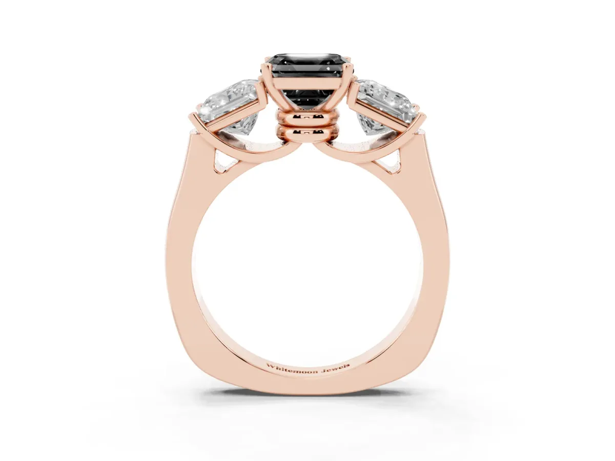 Fancy Black Three-Stone Asscher Cut Brilliant Diamond Trellis Ring with Comfort Fit Band Rose gold