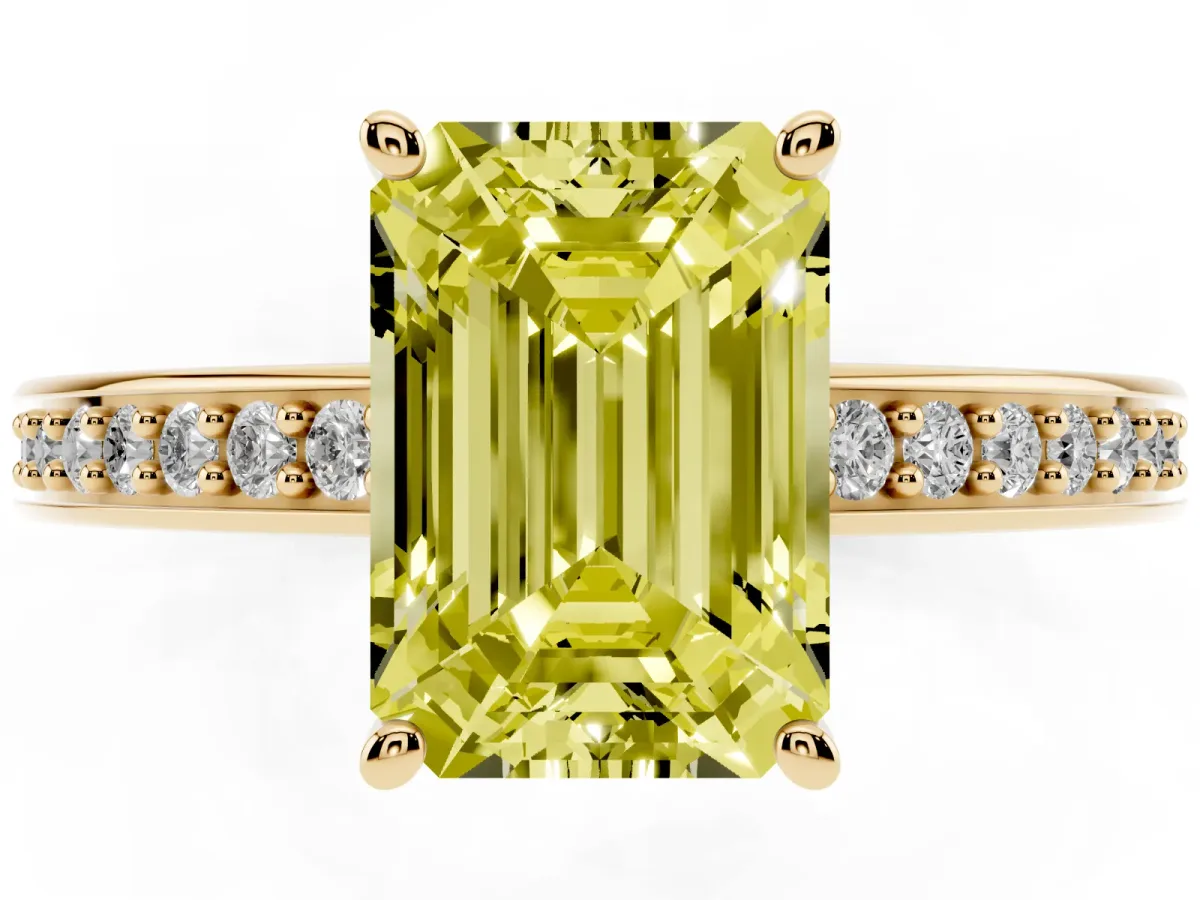 Fancy Yellow Emerald Cut Solitaire Pavé Band Prong Setting Ring Yellow gold