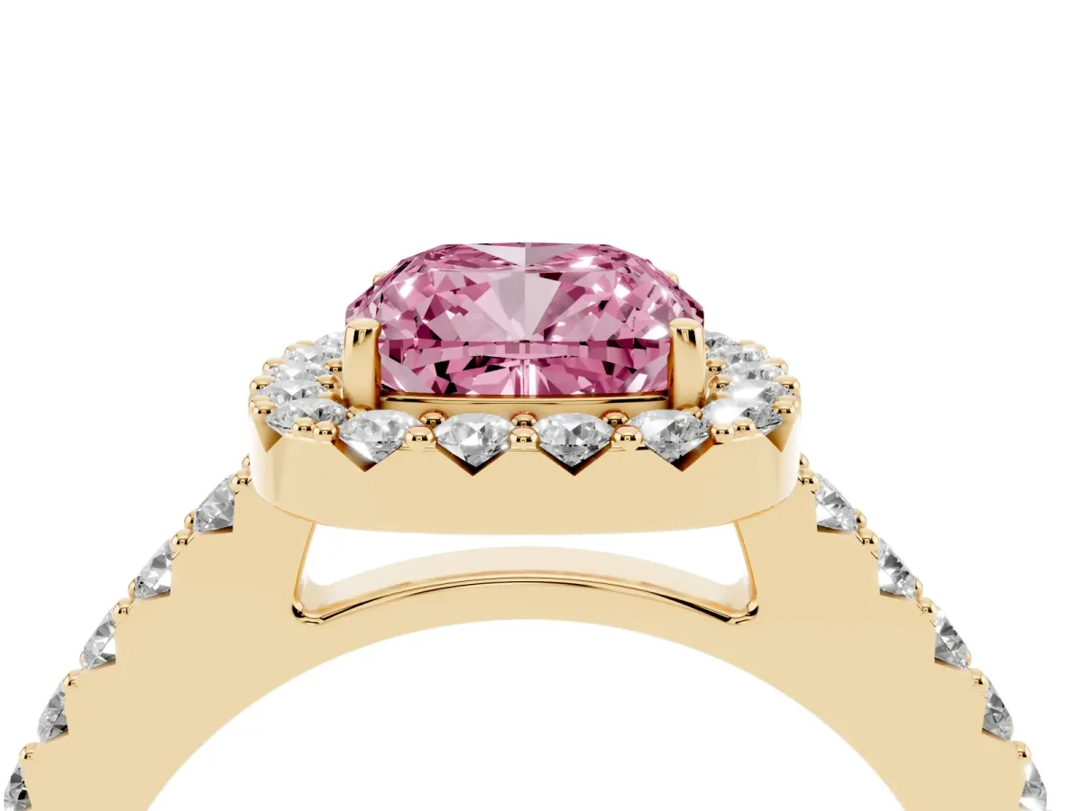 Fancy Pink Cushion Cut Halo Diamond Pavé Solitaire Ring Yellow gold