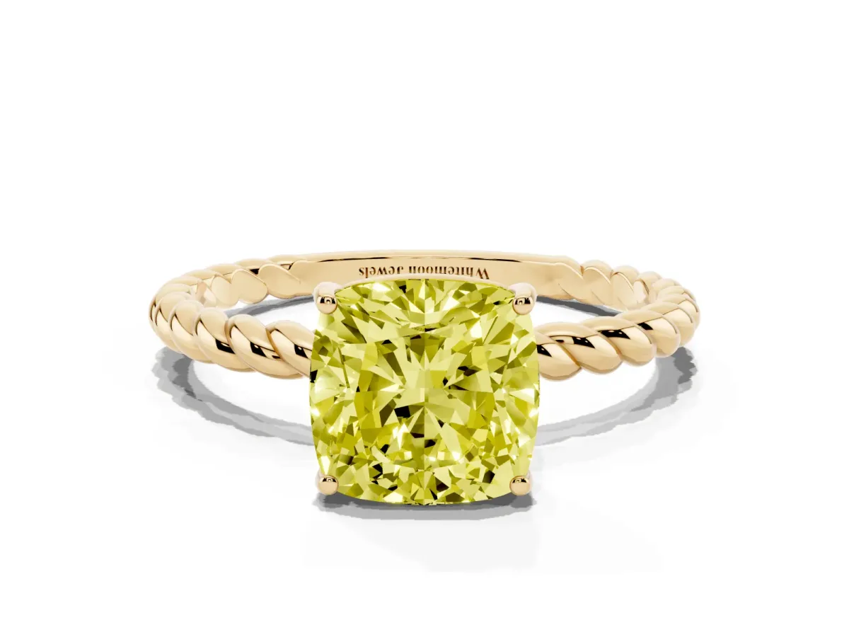 Fancy Yellow Cushion Cut Solitaire Twist Band Ring with Four-Prong Setting Yellow gold