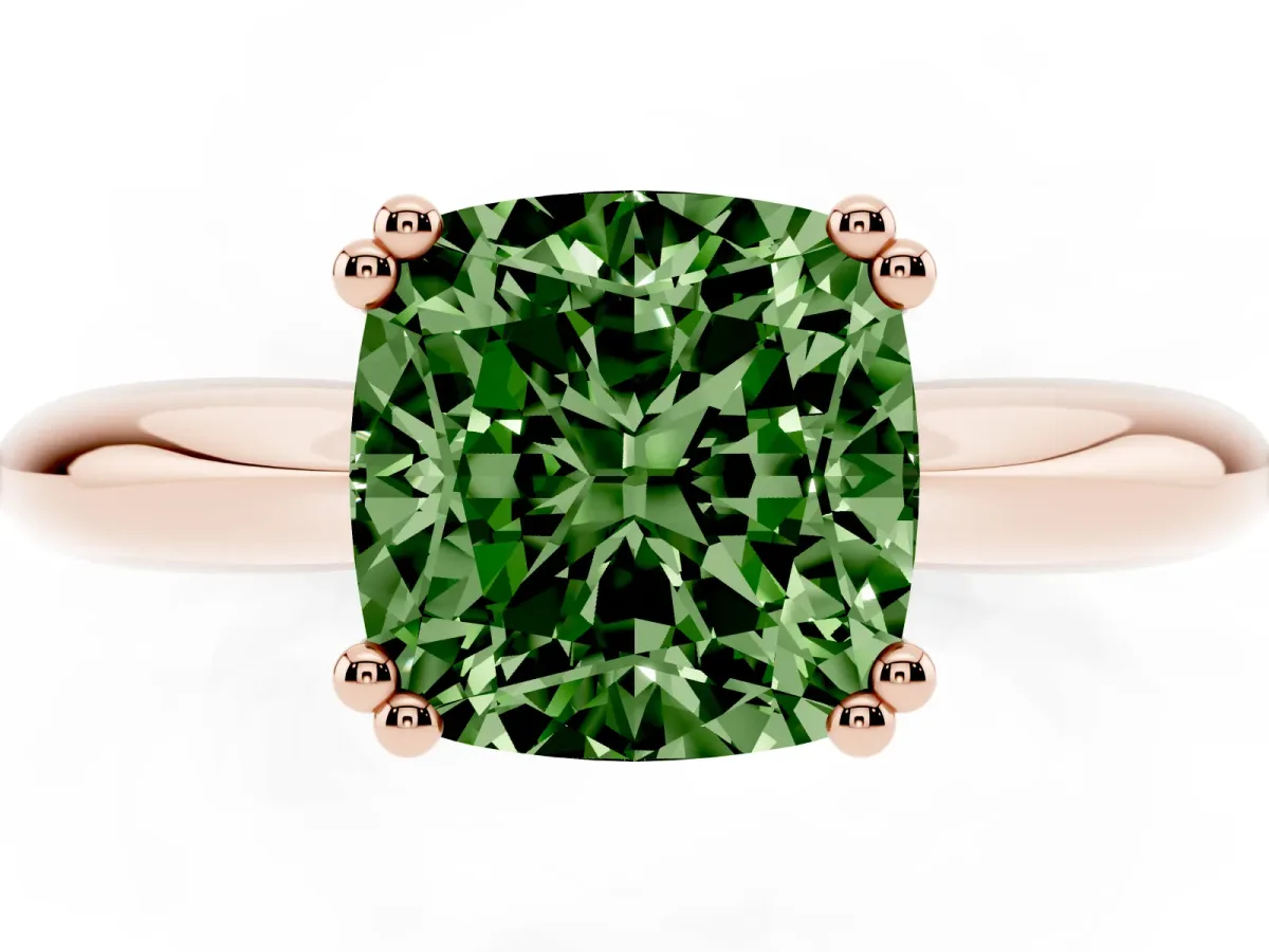 Fancy Green Cushion Cut Cut Solitaire Engagement Ring with Tapered Band and Four-Prong Setting Rose gold