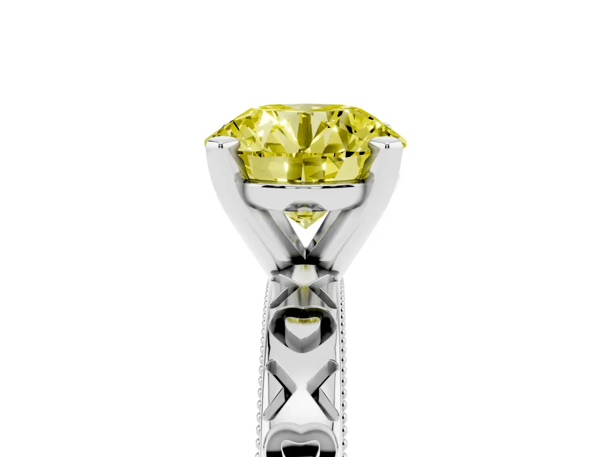 Fancy Yellow Round Cut Solitaire Diamond Engagement Ring with XO Engraved Band and Four-Prong Setting Silver