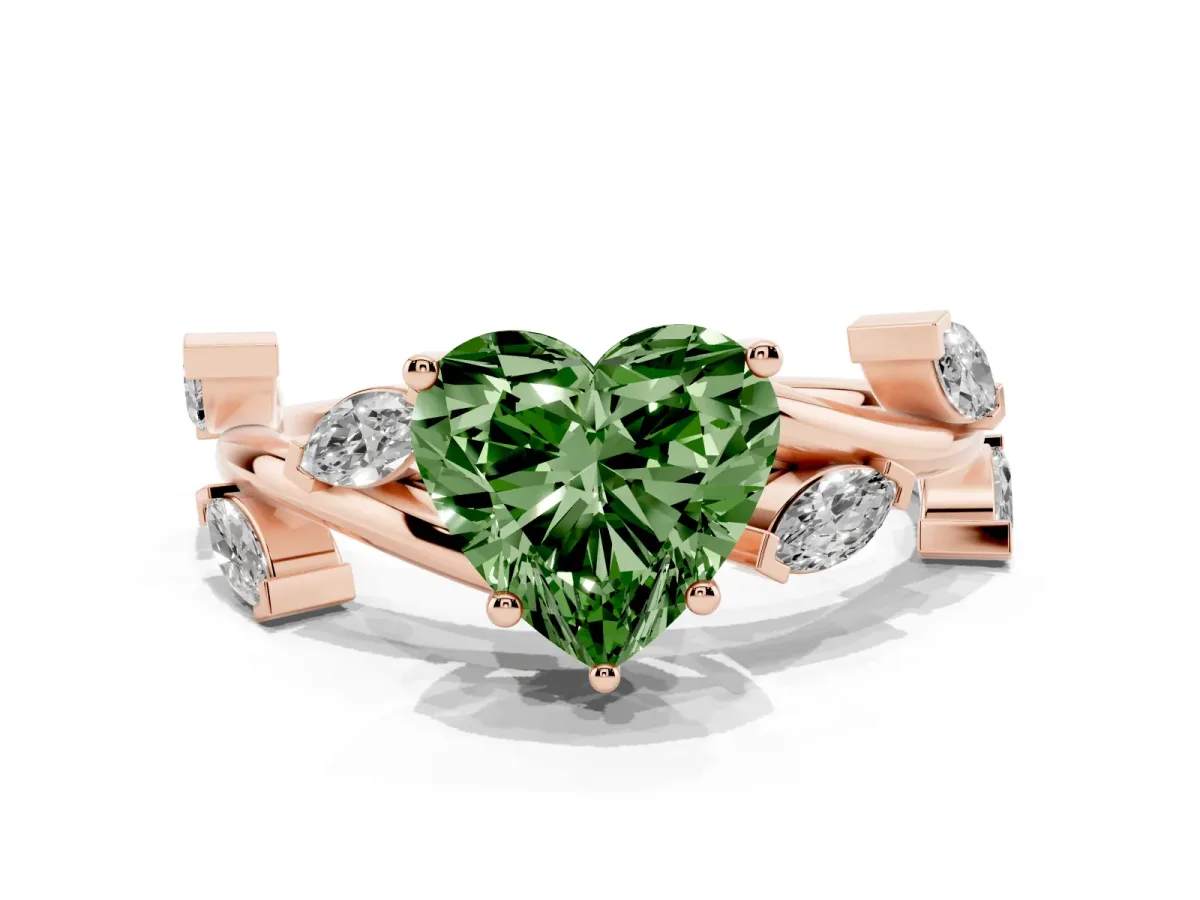 Fancy Green Heart Cut Solitaire Twisted Band Marquise Accent Prong Setting Ring Rose gold